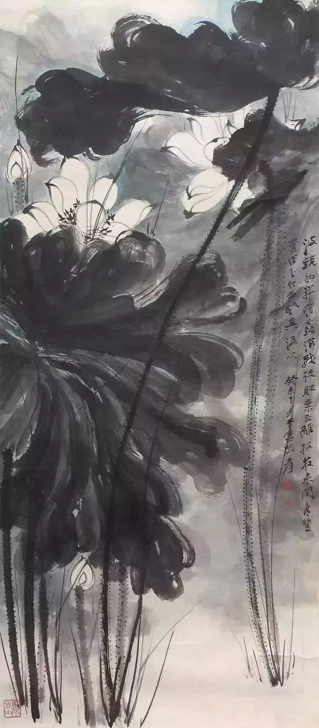 荷花国画之美，一池清雅，笔墨传神