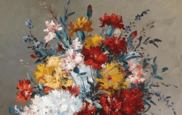 油画中的静谧之音，花瓶、花朵与画布的对话
